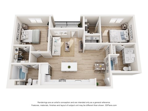 A 3D floor plan of a house with a kitchen, living room, and bedrooms.